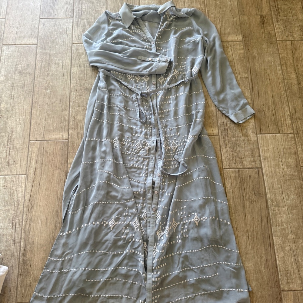 Soft Surroundings Blue Embroidered Maxi Shirt Dress Long Sleeve XL Tie Waist